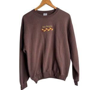 Jerzees Womens Sweatshirt Medium Brown Vintage Michigan Fall Leaves Crewneck